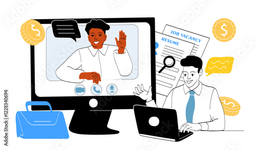 Online job interview illustration. Vector illustration