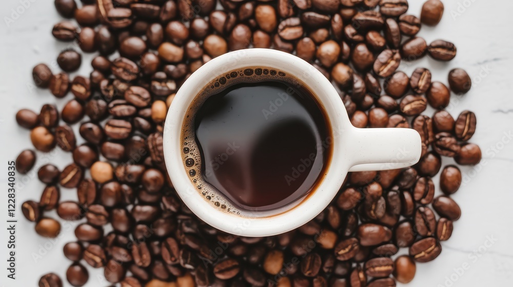 Fototapeta premium A steaming cup of black coffee surrounded by scattered coffee beans, evoking a warm and inviting atmosphere.