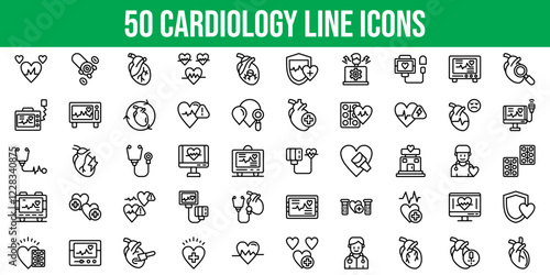 Set of 50 Outline Icons Related to Cardiology. Line Icon Collection. Editable stroke. Vector illustration