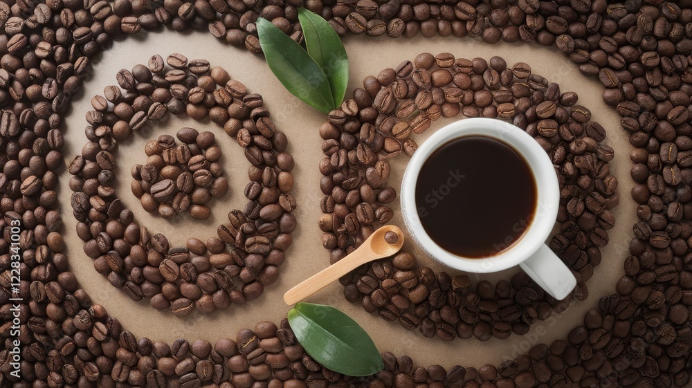 A serene top-down view of a coffee cup surrounded by coffee beans, arranged in a spiral pattern, creating a warm and inviting atmosphere. A serene top-down view of a coffee cup surrounded by coffee beans, arranged in a spiral pattern, creating a warm and inviting atmosphere.