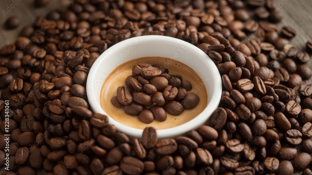 A steaming cup of espresso surrounded by an abundance of rich, dark coffee beans, creating a warm and inviting atmosphere. A steaming cup of espresso surrounded by an abundance of rich, dark coffee beans, creating a warm and inviting atmosphere.