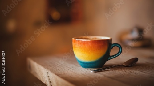 Wallpaper Mural A vibrant ceramic coffee cup with a gradient orange and teal design, resting on a rustic wooden table, accompanied by a silver spoon. Torontodigital.ca