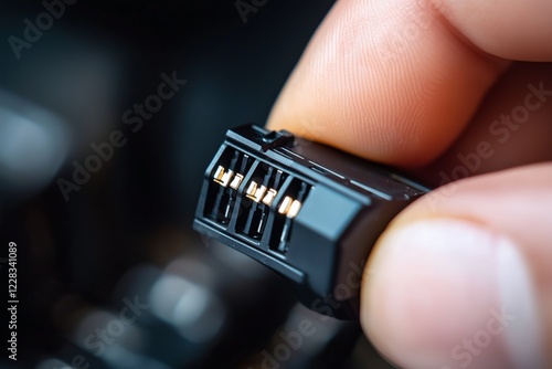 Close up of a technician's fingers carefully holding a black electronic connector with exposed gold contacts, highlighting the precision and detail of electronic components
