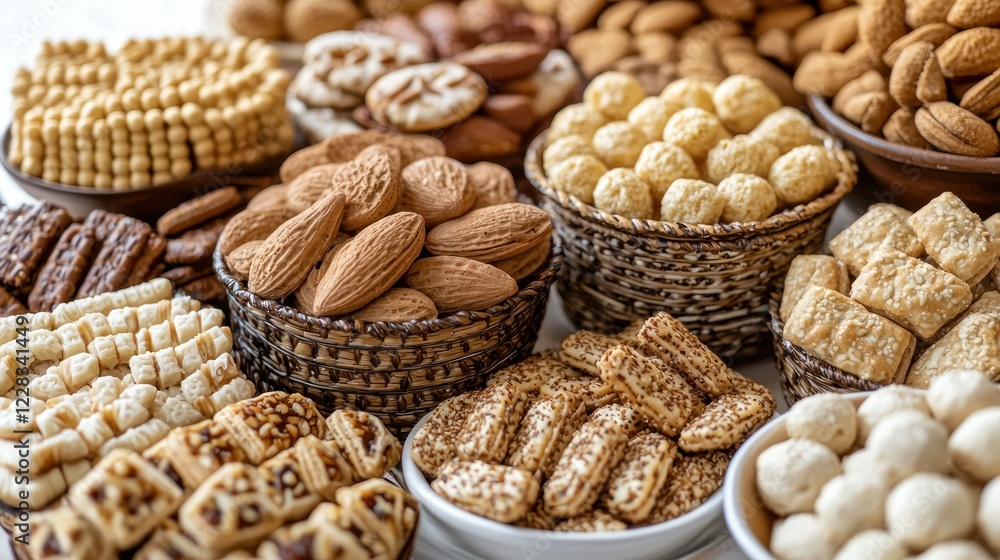 Assorted snacks, nuts, and baked goods on table Assorted snacks, nuts, and baked goods on table