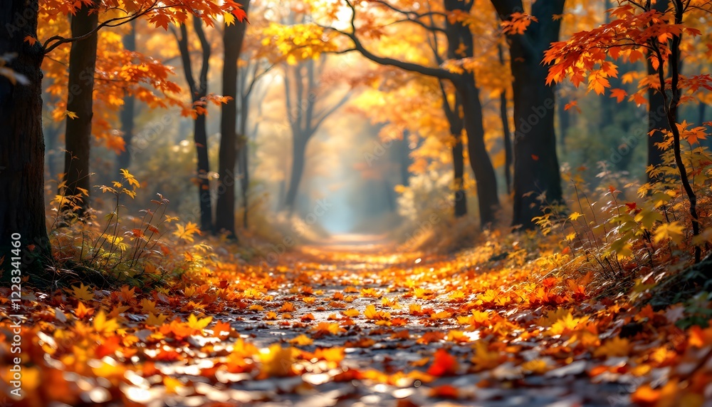 A hyper-realistic image of a forest path covered with vibrant autumn leaves in full color. The trees on either side of the path have brilliant orange, red, and yellow foliage, with the soft A hyper-realistic image of a forest path covered with vibrant autumn leaves in full color. The trees on either side of the path have brilliant orange, red, and yellow foliage, with the soft