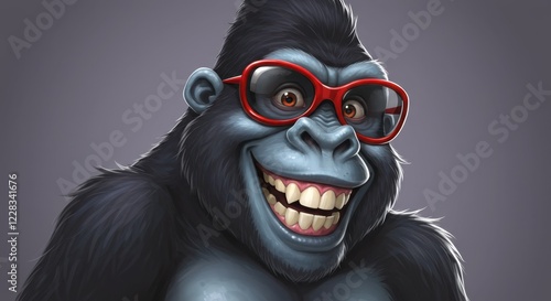 Playful cartoon gorilla wearing red glasses and smiling brightly