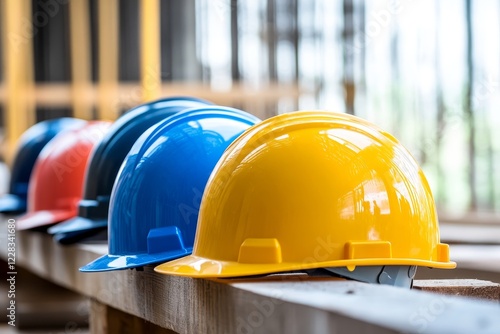 Variety of colored safety helmets on a construction site representing workplace safety standards photo