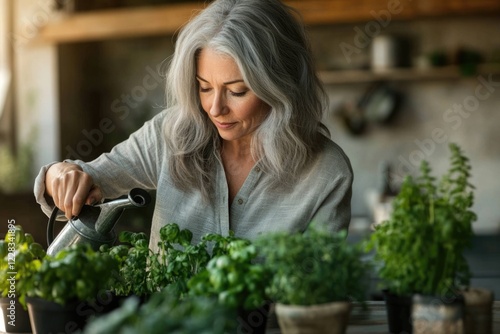 A woman with gray hair gently waters her flourishing herb garden, showcasing a tranquil moment of home gardening.