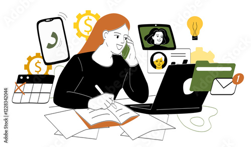 Woman multitasking at work. Vector illustration
