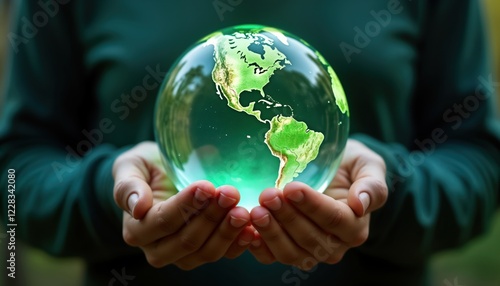 Crystal globe earth held gently in hands. Green energy highlighted planet. Eco-conscious image. Focus on eco-friendly planet protection. Sustainable future concept. Human caring for the environment. photo