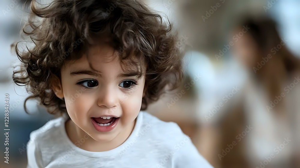 Joyful Latin American toddler with curly dark hair and bright smile wearing white t-shirt, expressing genuine happiness and innocence against blurred background. Joyful Latin American toddler with curly dark hair and bright smile wearing white t-shirt, expressing genuine happiness and innocence against blurred background.