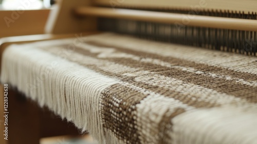 Scene of a weaving setup. Featuring weaving loom, threads, and patterns. Highlighting the craftsmanship of weaving. Ideal for DIY and craft blogs. photo