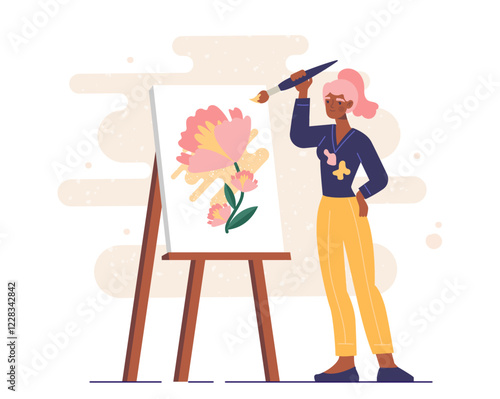 Artist painting floral artwork. Vector illustration