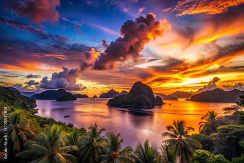 Silhouetted Palawan Landscape: Stunning Sunset over Philippine Island Paradise photo