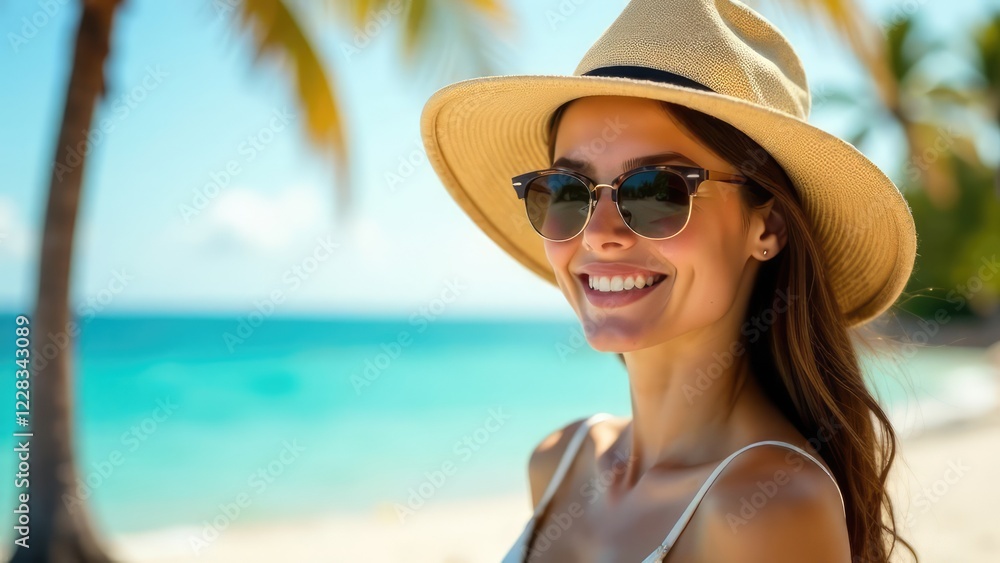 A smiling woman wearing sunglasses and a hat is looking out to a tropical beach. Concept of sunny beach getaway. A smiling woman wearing sunglasses and a hat is looking out to a tropical beach. Concept of sunny beach getaway.