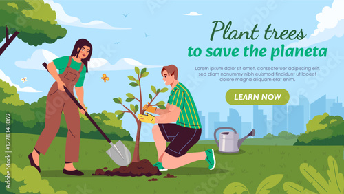Planting trees to save the planet. Vector illustration
