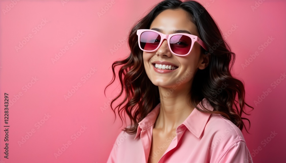 Fototapeta premium Young woman smiles brightly at camera wearing pink sunglasses, pink shirt against solid pink background. Stylish portrait beauty, confidence. Joyful expression, vibrant colors create happy mood.