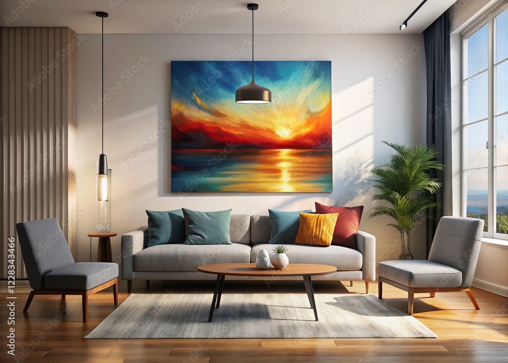 Silhouette of Abstract Painting in Modern Minimalist Living Room Interior Silhouette of Abstract Painting in Modern Minimalist Living Room Interior