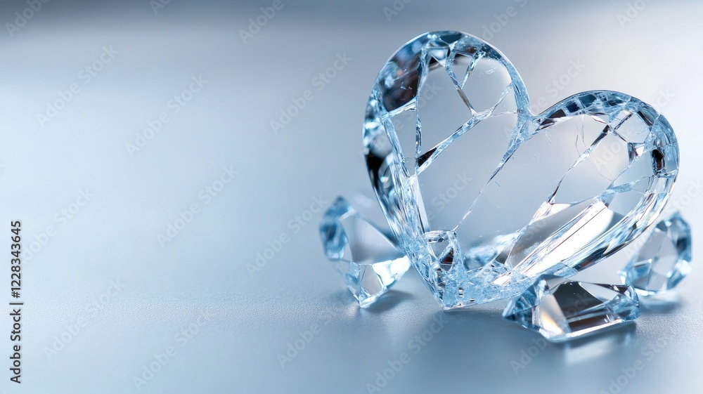 Fototapeta premium Transparent crystal heart sculpture with reflections on smooth surface