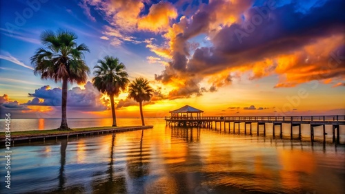 Silhouette of Bay St. Louis, Mississippi, at Sunset, Beach Scene