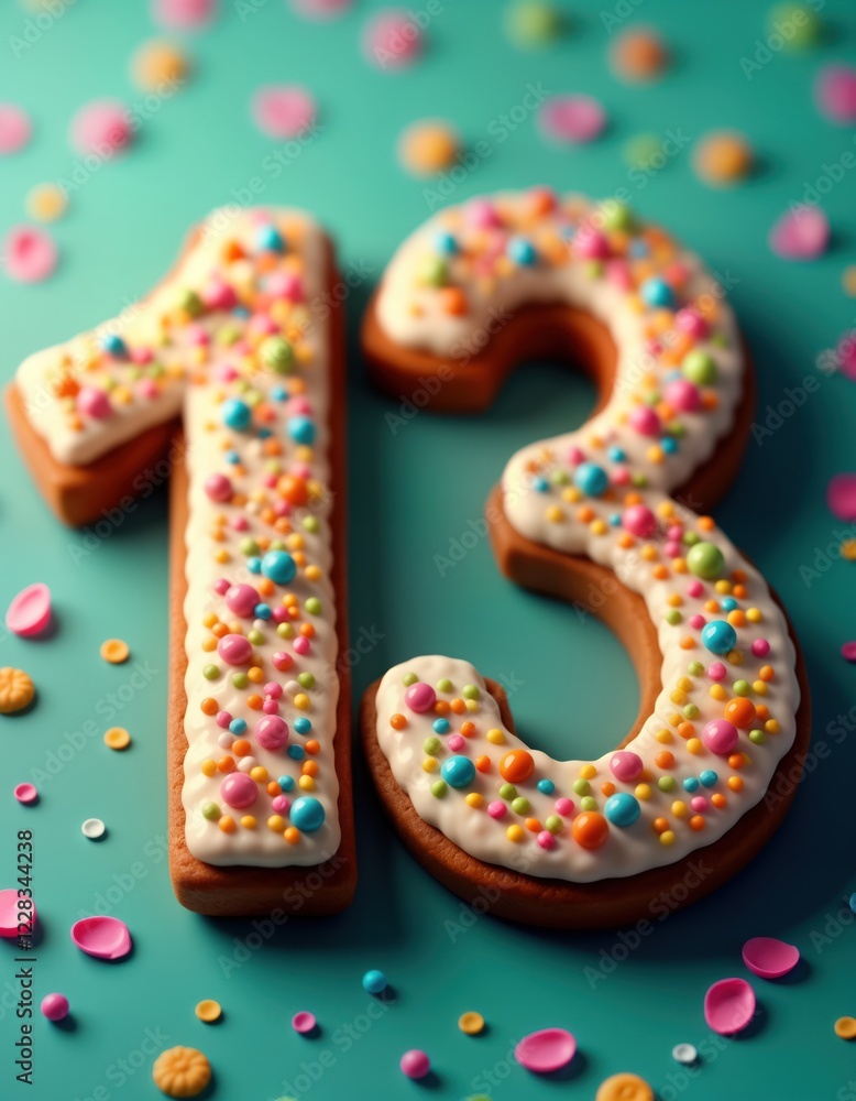Festive decorated cookie number 13. Sweet treat for birthday or anniversary celebration. Colorful sprinkles and icing. Perfect for party invitation or card. Baked delight. Festive decorated cookie number 13. Sweet treat for birthday or anniversary celebration. Colorful sprinkles and icing. Perfect for party invitation or card. Baked delight.