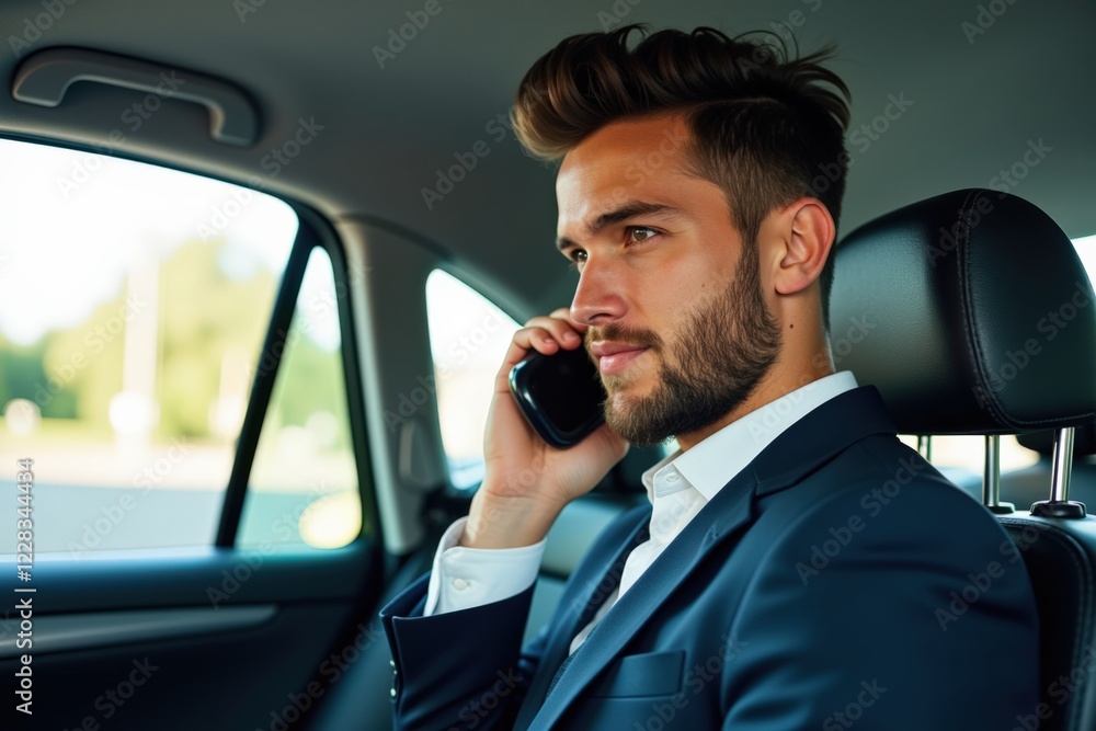 A Confident Young Man Dressed in a Suit Engaged in a Phone Conversation While Sitting Inside a Luxury Car on a Bright Day A Confident Young Man Dressed in a Suit Engaged in a Phone Conversation While Sitting Inside a Luxury Car on a Bright Day