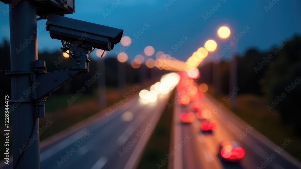 A security camera overlooks a highway at dusk with blurred car lights. Concept of traffic surveillance. A security camera overlooks a highway at dusk with blurred car lights. Concept of traffic surveillance.