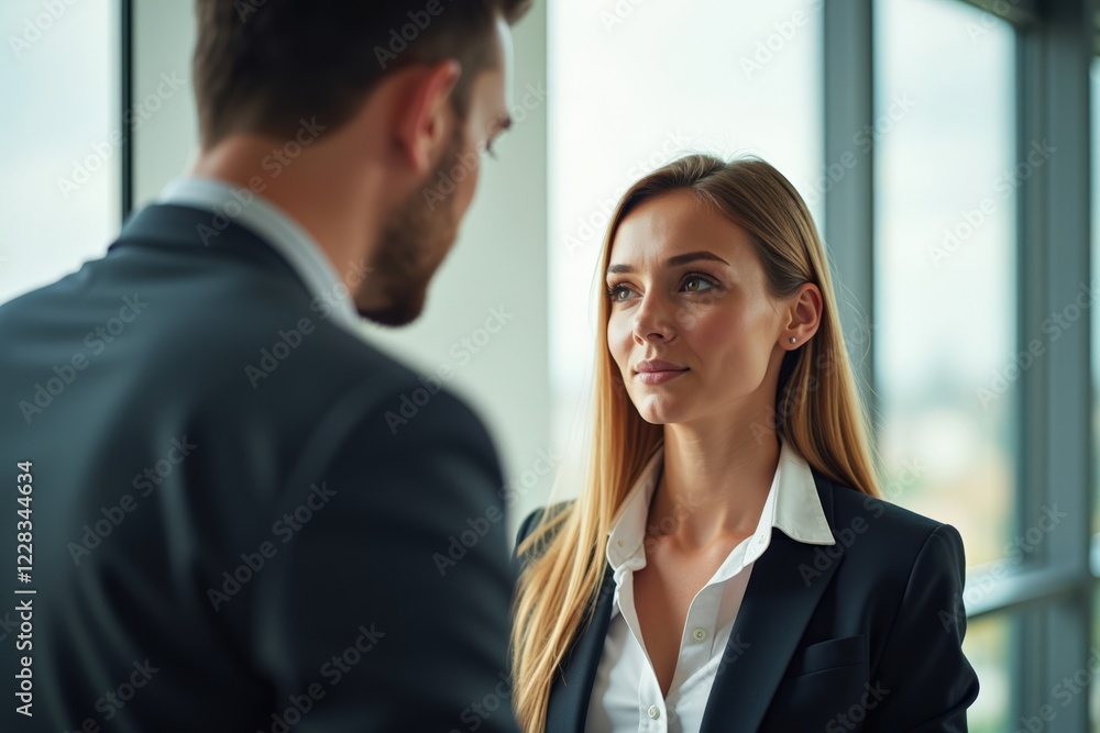 A Professional Dialogue Between Two Colleagues in a Modern Office Setting: Capturing Mutual Focus and Engagement Amidst an Urban Backdrop A Professional Dialogue Between Two Colleagues in a Modern Office Setting: Capturing Mutual Focus and Engagement Amidst an Urban Backdrop