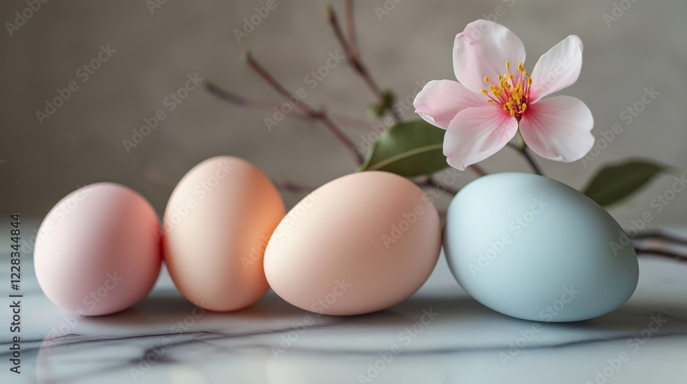 Colorful eggs arranged with a delicate flower on a marble surface Colorful eggs arranged with a delicate flower on a marble surface