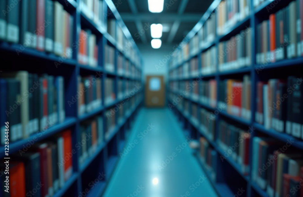 Fototapeta premium Extensive library interior. Blue bookshelves extend into distance. Numerous books arranged orderly. File cabinet visible. Research, study environment. Classic, vintage feel. Knowledge, information