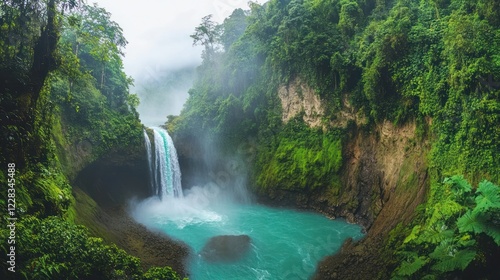 Lush rainforest waterfall plunges into turquoise pool