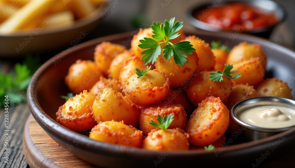 Crispy fried potatoes served with spicy bravas sauce, garlic aioli. Platter centered, garnished with fresh parsley. Delicious Spanish tapas dish perfect for cosy atmosphere at bar. Lighting warm, Crispy fried potatoes served with spicy bravas sauce, garlic aioli. Platter centered, garnished with fresh parsley. Delicious Spanish tapas dish perfect for cosy atmosphere at bar. Lighting warm,