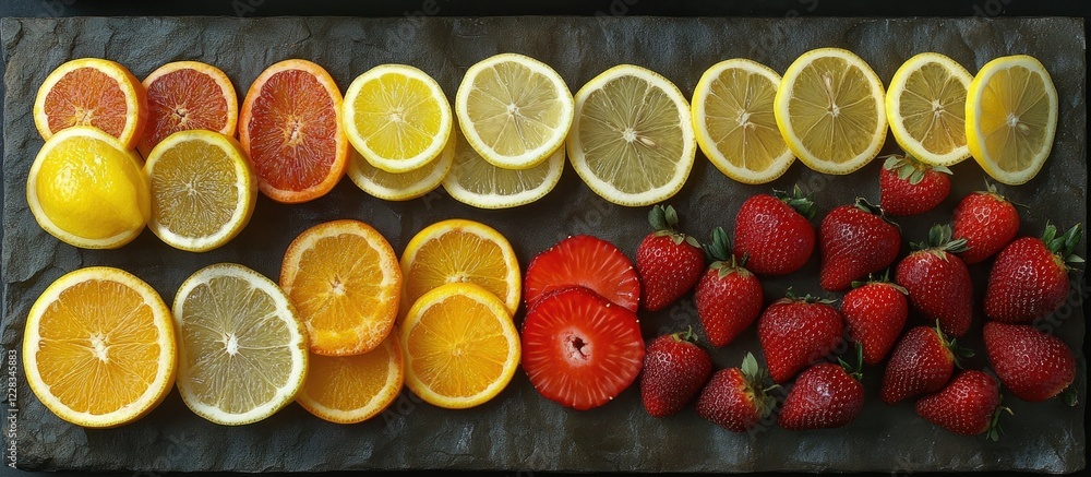 Vibrant Citrus and Strawberries on Dark Slate Vibrant Citrus and Strawberries on Dark Slate