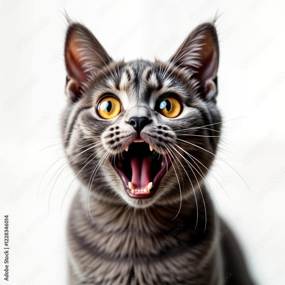 Cute British shorthair cat looks amazed with open mouth. Gray tabby cat with bright yellow eyes isolated on white background. Closeup portrait shows adorable pet. Perfect for pet lovers, animal Cute British shorthair cat looks amazed with open mouth. Gray tabby cat with bright yellow eyes isolated on white background. Closeup portrait shows adorable pet. Perfect for pet lovers, animal