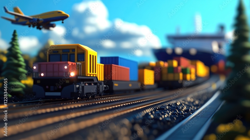 Fototapeta premium Cargo train, plane, ship, global trade, transport