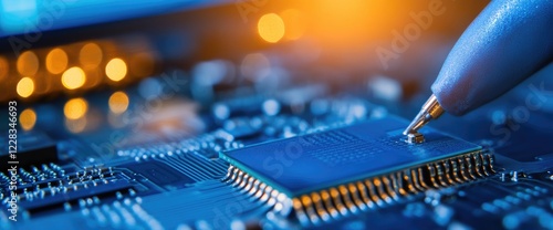 Circuit board close-up chip testing, lab background. Tech use