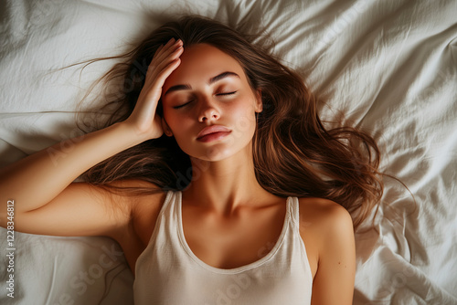 Serene Slumber: A Young Woman Finds Tranquility in Peaceful Sleep. An Image Evoking Calmness and Restful Rejuvenation. photo