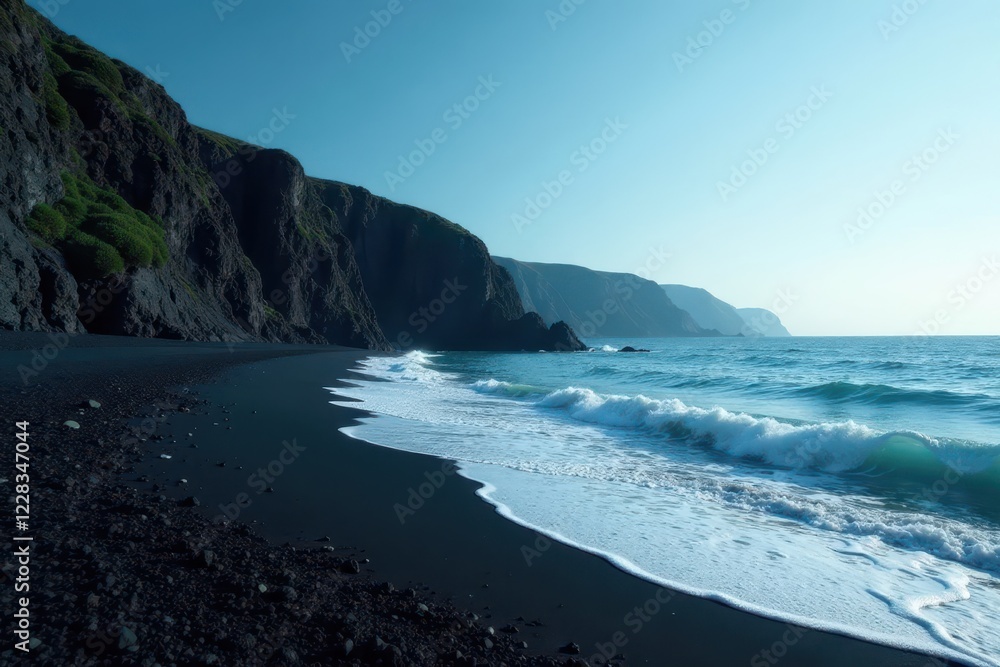 Fototapeta premium Dark sand contrasts vibrant blue sea, dramatic cliffs , powerful, texture