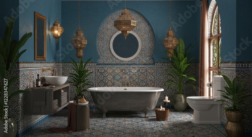 Elegant Moroccan-style bathroom with decorative tiles and plants