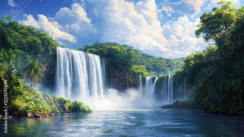 Lush rainforest waterfall, sunny day, tranquil pool, nature background, travel poster