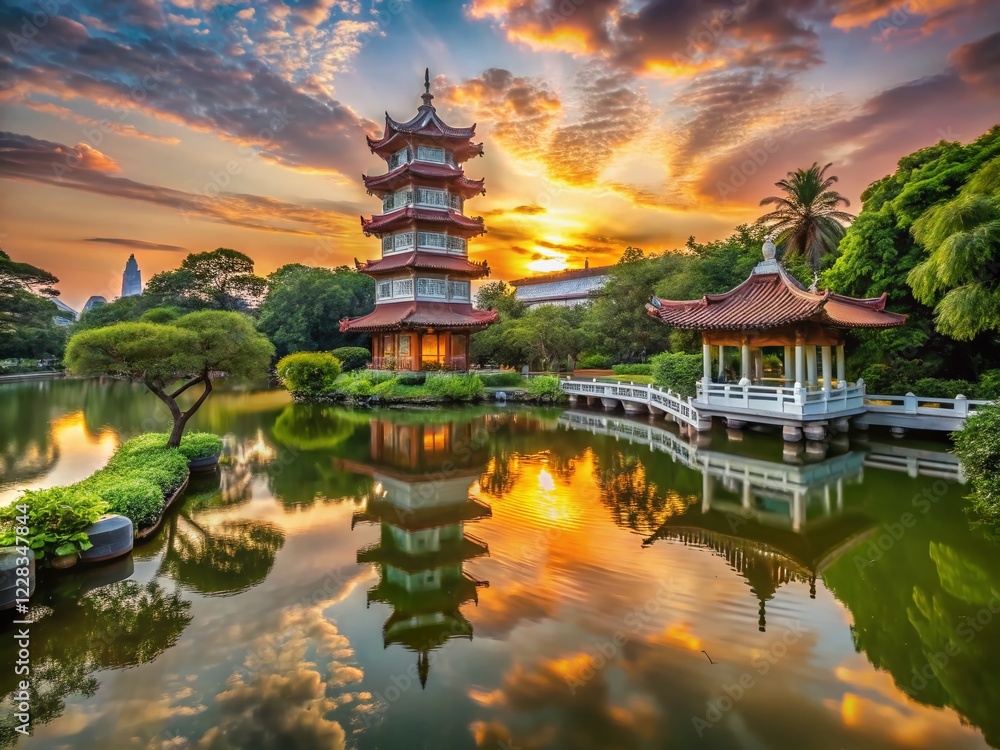 Fototapeta premium Singapore Chinese Garden Sunset: Serene Landscape Photography