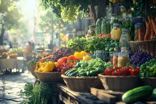 Vibrant outdoor farmer s market stall filled with fresh produce and inviting urban atmosphere photo