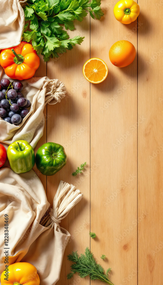 Fresh fruits and vegetables arranged on wooden table depicting sustainable living and waste reduction for earth day, highlighting ecology and environmental pollution awareness. Fresh fruits and vegetables arranged on wooden table depicting sustainable living and waste reduction for earth day, highlighting ecology and environmental pollution awareness.