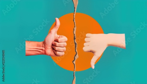 Collage art shows hands with thumbs up, down. Creative design on teal background. Orange circle adds contrast. Modern art piece. Representing different opinions. Positive, negative feedback. Abstract photo