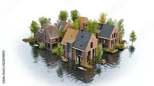 Aerial view of modern houses on a serene island surrounded by water and lush greenery