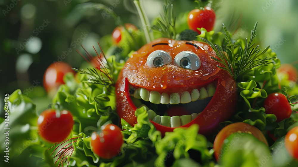 A fresh salad with a variety of ingredients. animated character, C4D model rendering, cheerful smile, 3D rendering A fresh salad with a variety of ingredients. animated character, C4D model rendering, cheerful smile, 3D rendering