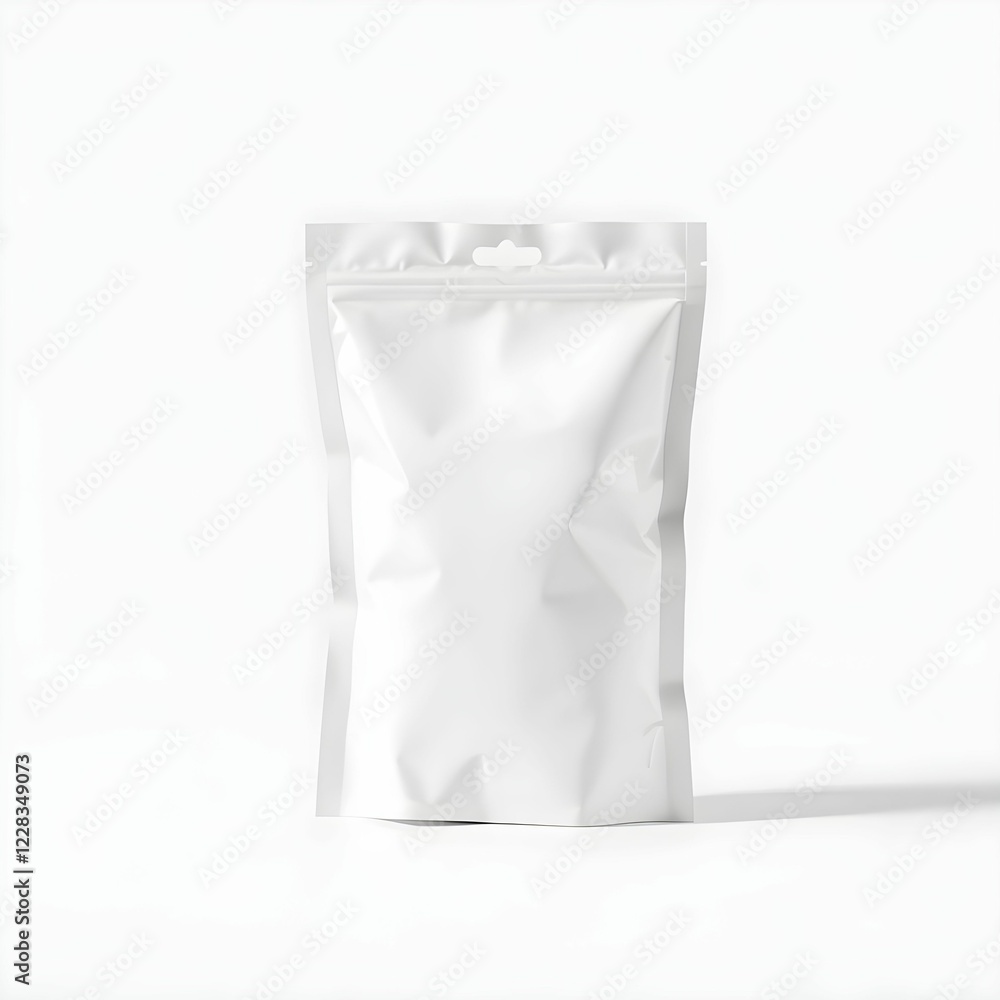 White pouch packaging, Minimalist design, Standing upright, Blank label, Reflective surface, Studio lighting, Clean background, Product photography, Plastic zip-lock bag White pouch packaging, Minimalist design, Standing upright, Blank label, Reflective surface, Studio lighting, Clean background, Product photography, Plastic zip-lock bag