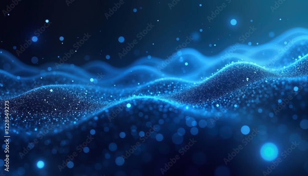 Abstract digital landscape of shimmering blue particles creating undulating waves against dark background. Futuristic, vibrant light effects highlight glowing particles. Space tech backdrop. Perfect Abstract digital landscape of shimmering blue particles creating undulating waves against dark background. Futuristic, vibrant light effects highlight glowing particles. Space tech backdrop. Perfect