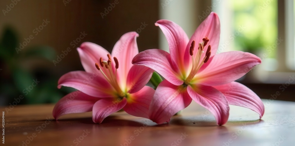 Fototapeta premium Softly lit pink lily blooms on a elegant wooden table, refined, lighting, soft