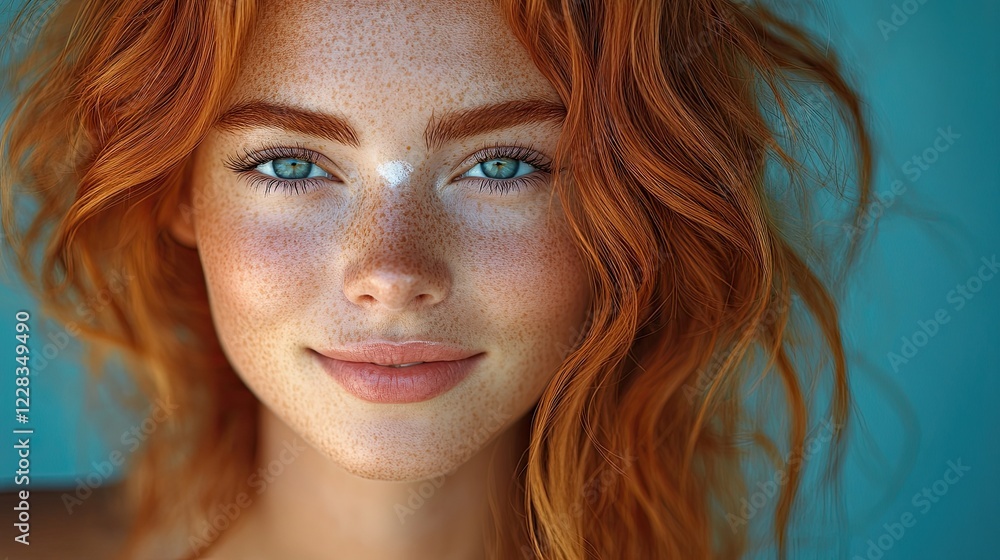 Close-up portrait of a young woman with red hair and freckles, smiling and looking at the camera. Close-up portrait of a young woman with red hair and freckles, smiling and looking at the camera.